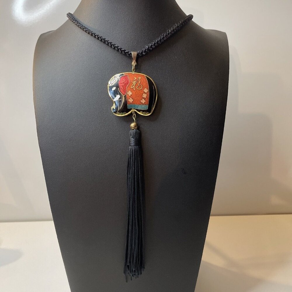 Vintage Black Cloisonne Pendant Tassel Rope Necklace Elephant Double Sided AL5.3